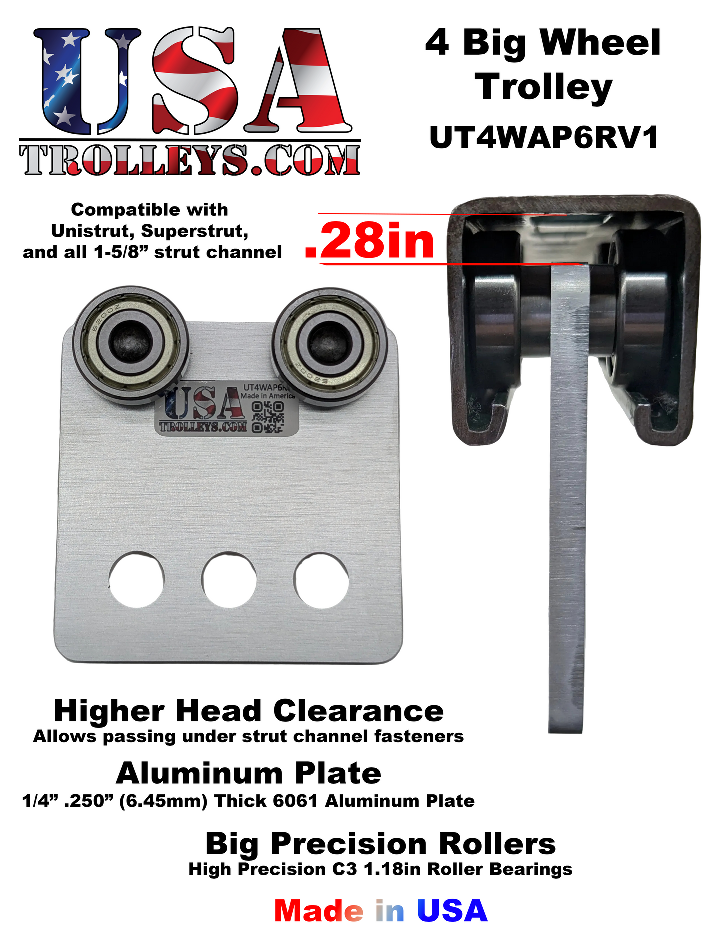 4 Big Wheel Heavy Duty Strut Channel Trolley